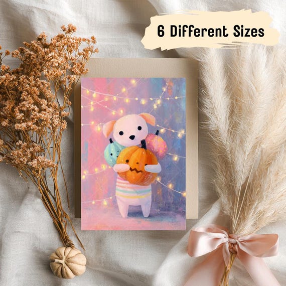 Halloween Greeting Card For Kids Trick Or Treat Pastel Dog With Pumpkin Spooky Animal Print