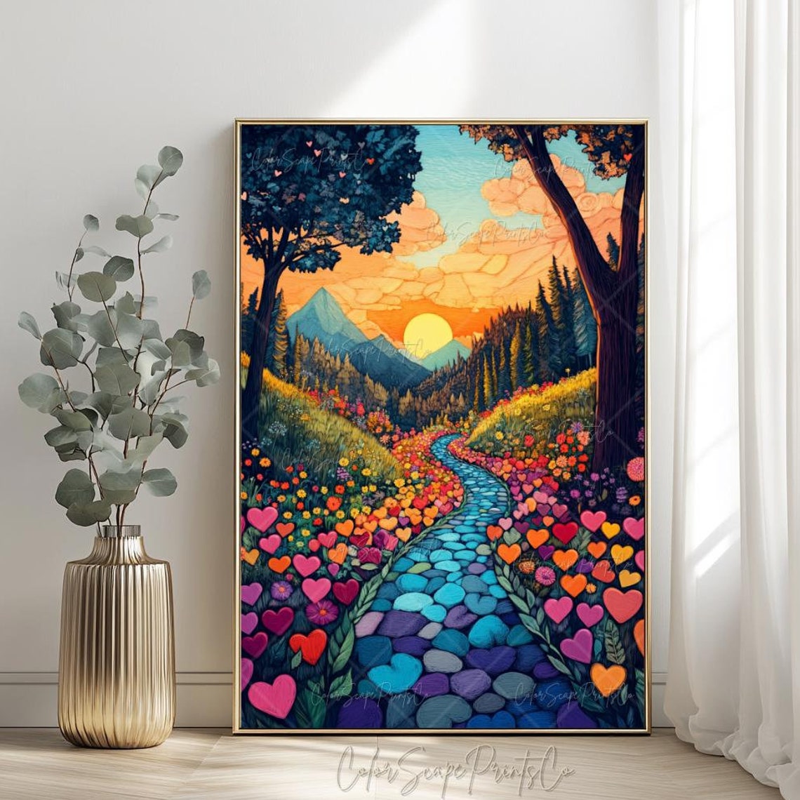 Colorful Mountain Valley Sunset Painting with Heart Garden Poster - Image 3
