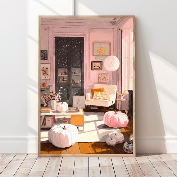 Cozy Pink Autumn Cottage Wall Art Disco Ball Pumpkin Print Fall White Pumpkins Soft Decor