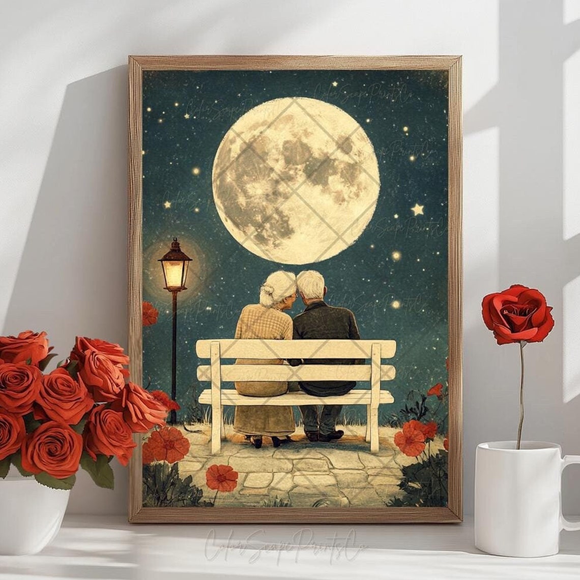 Elderly Couple on a Bench Under the Full Moon at Night Poster