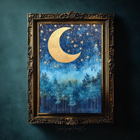 Moon And Stars Wall Art Crescent Painting Pine Forest Lunar Blue Celestial Landscape Moonlover Gift Gold Decor