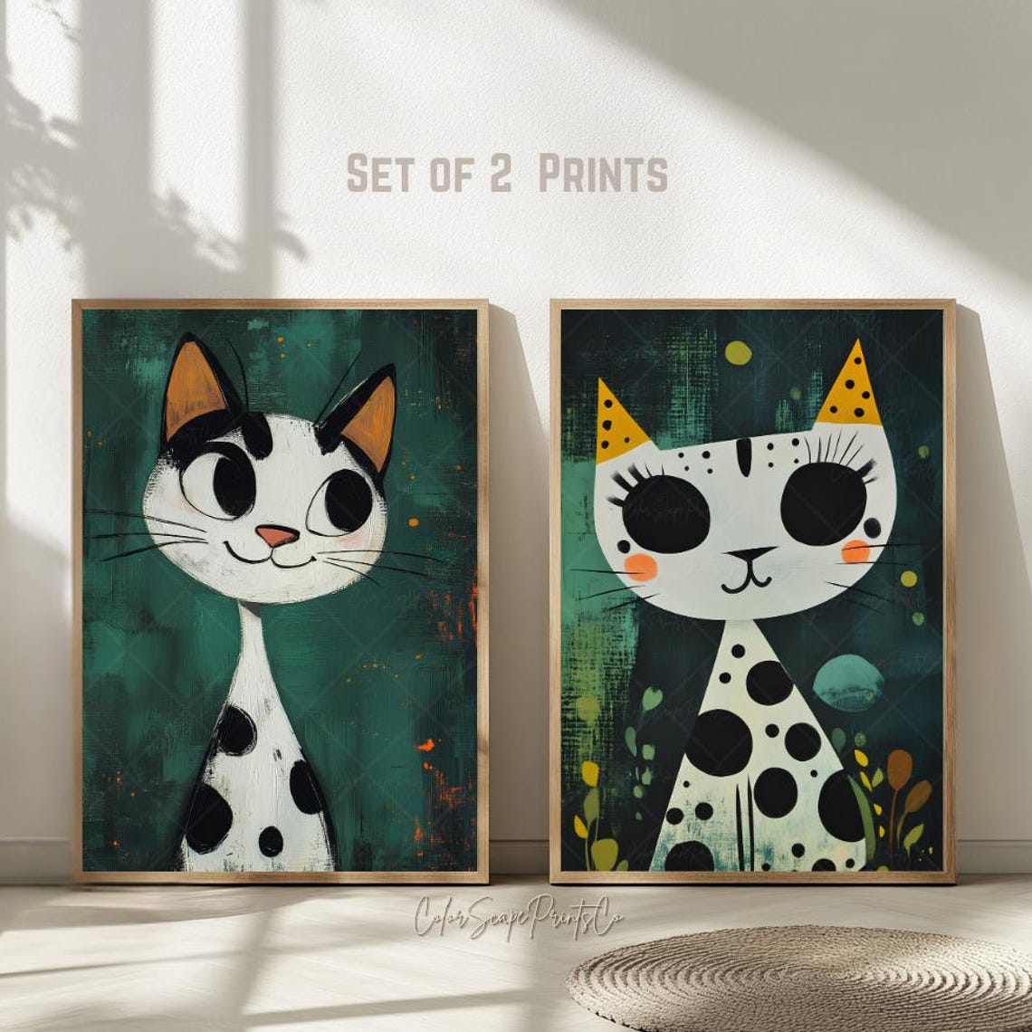 Whimsical Set Of Two Funny Cat Portraits Mid Century Teal Poster