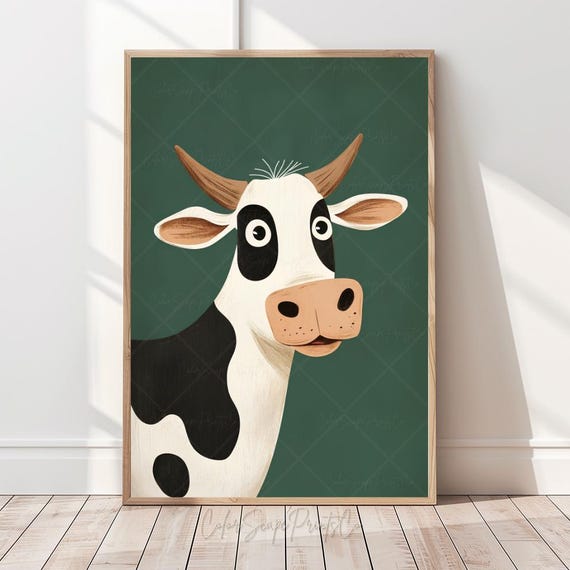 Funny Cow Wall Art Black And White Print Cute Farm Animal Illustration Playful Kids Room Bright Nursery