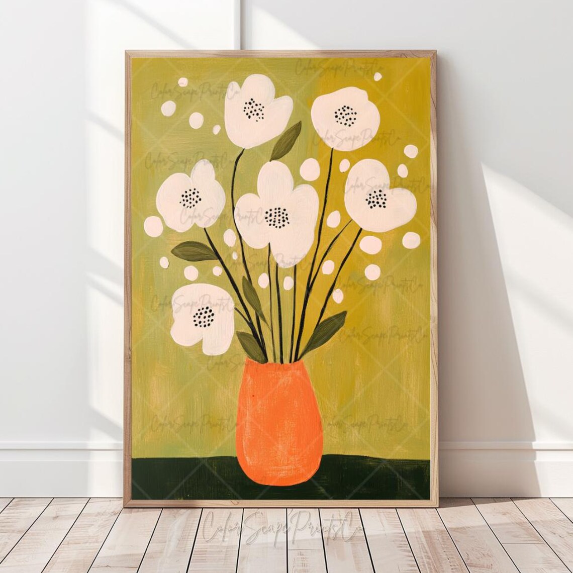 White Poppy Flowers Orange Vase Retro Botanical Painting Poster