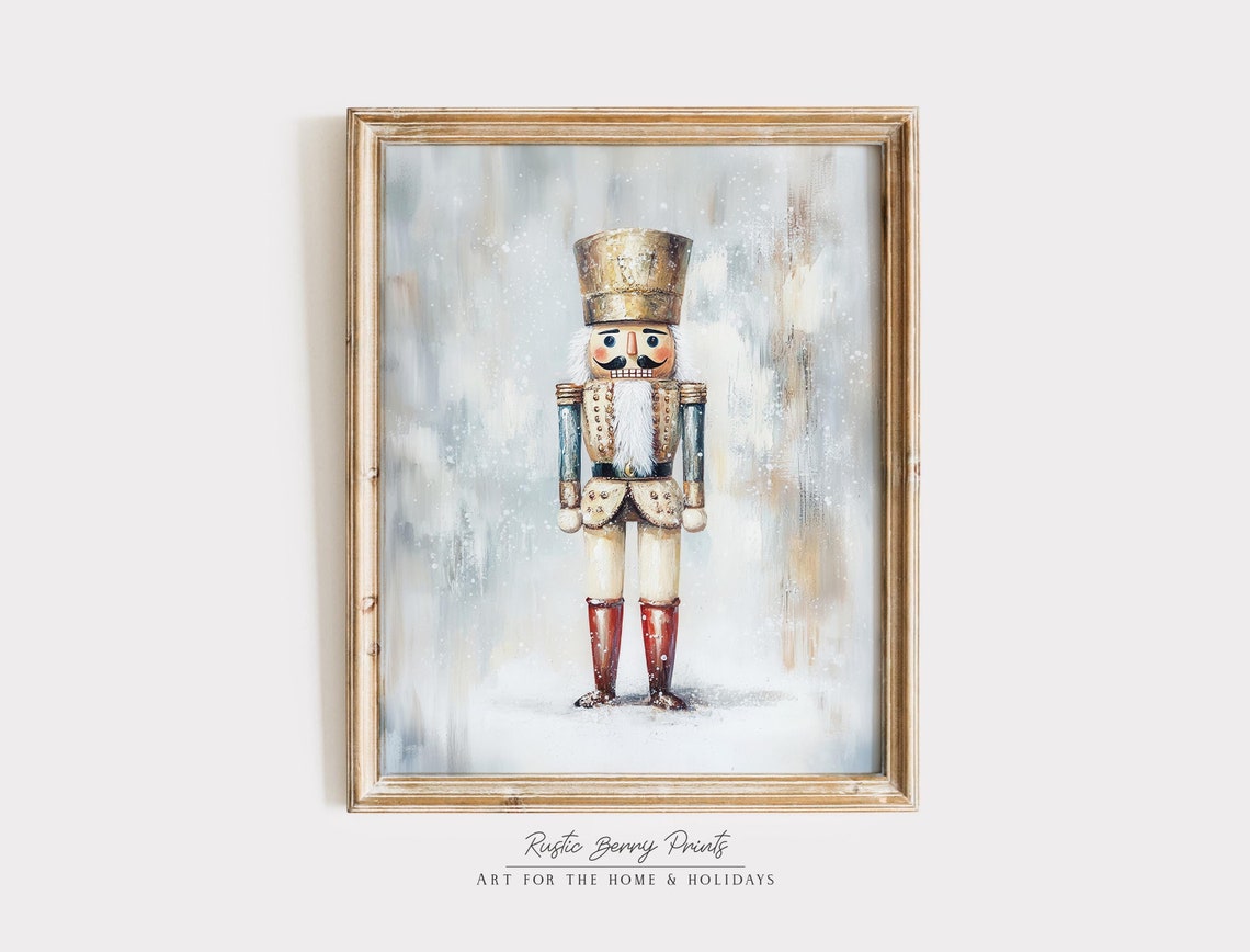 Vintage Nutcracker Gold Uniform Tall Hat Red Boots Snowy Scene Poster