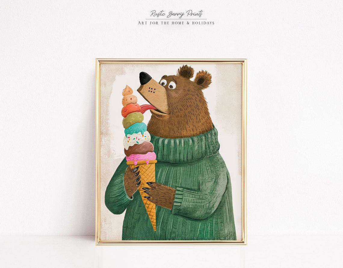 Happy Bear Licking Tall Ice Cream Cone Funny Animal Art Poster