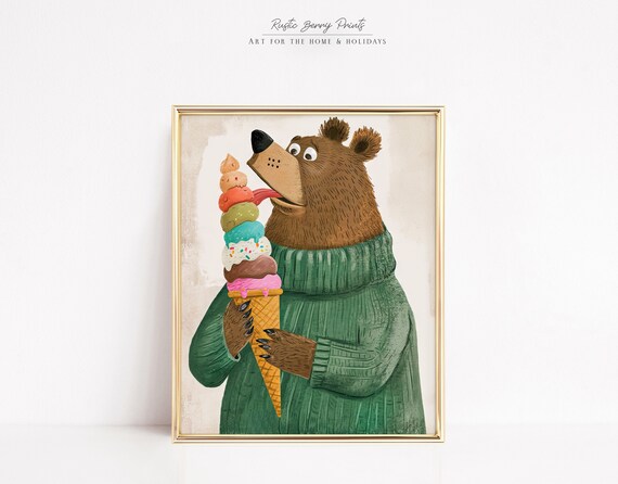 Happy Bear Licking Tall Ice Cream Cone Funny Animal Art Poster
