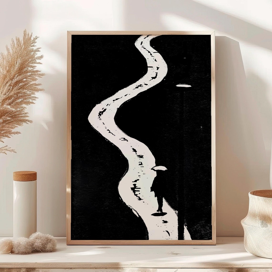 Silhouette Figure With Umbrella Winding Path Black White Poster