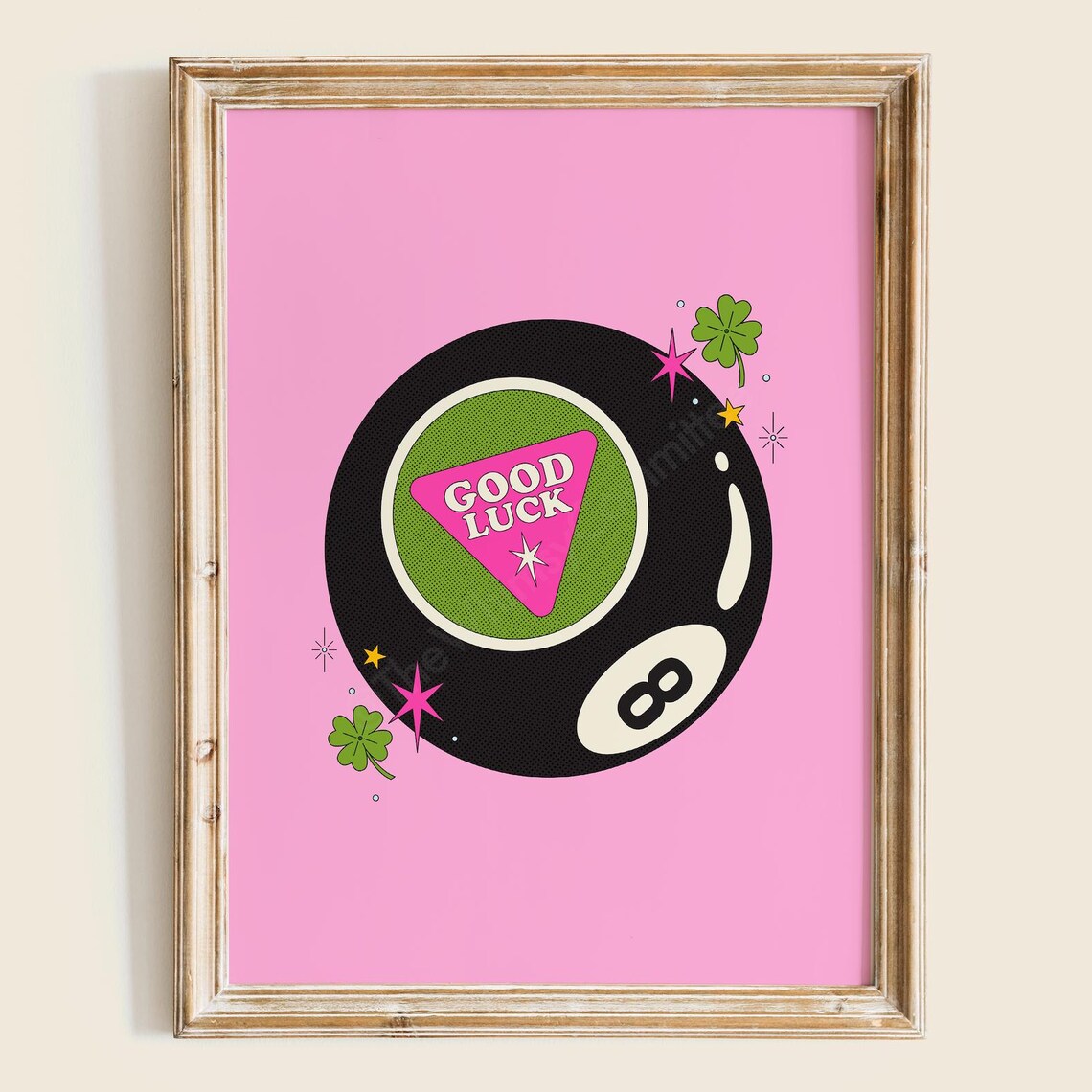 Good Luck Magic 8 Ball Pink Clovers Retro Trendy Lucky Quote Poster