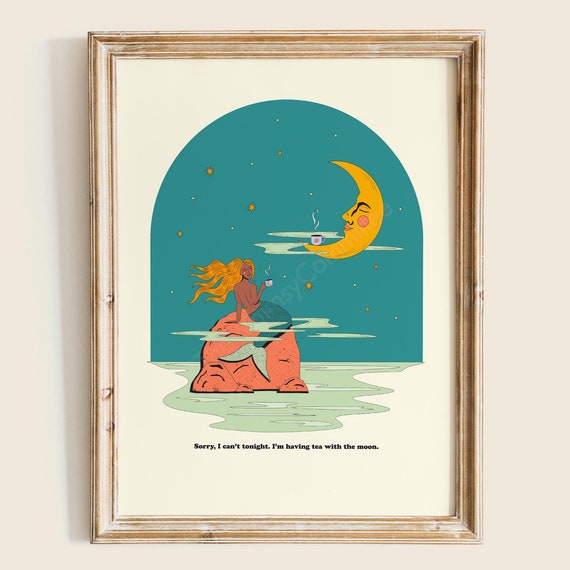 Tea With The Moon Art Print, Whimsical Decor