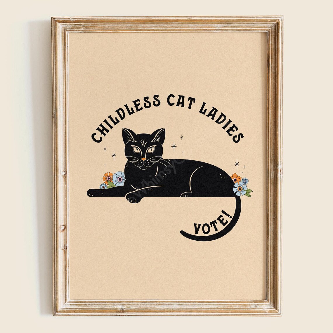 Childless Cat Ladies Vote Black Cat Floral Illustration Poster