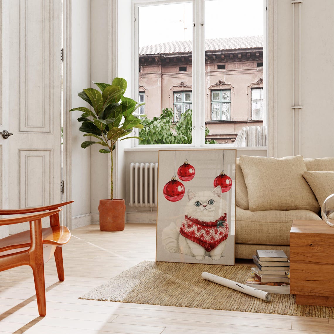 White Persian Cat Christmas Sweater Red Baubles Cute Wall Poster - Image 8