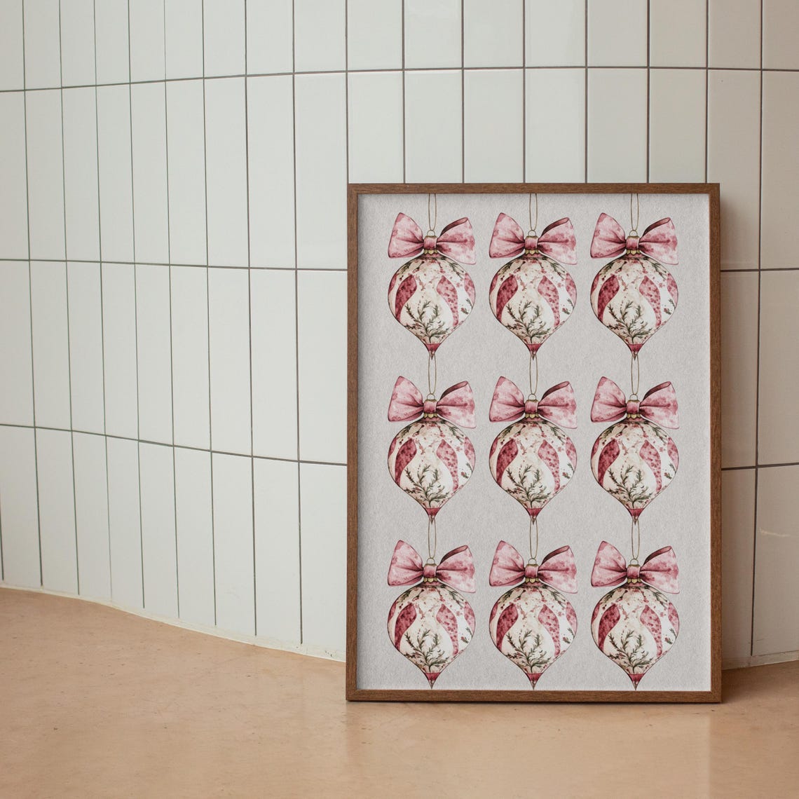 Pink Bow Christmas Ornaments Grid Chinoiserie Style Wall Poster - Image 2