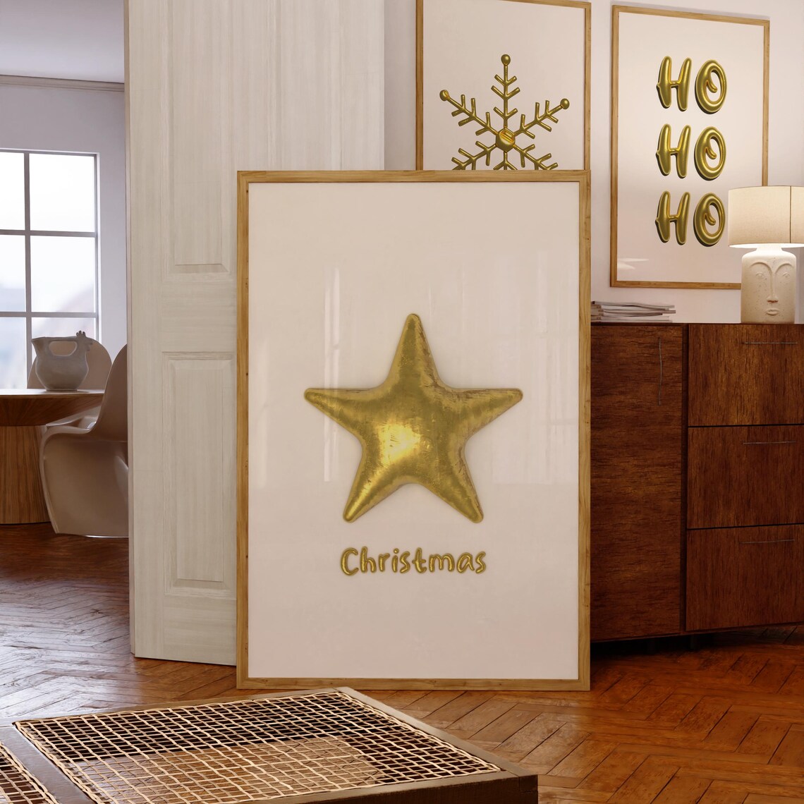 Gold Christmas Star Balloon 3D Metallic Minimalist Holiday Poster - Image 3