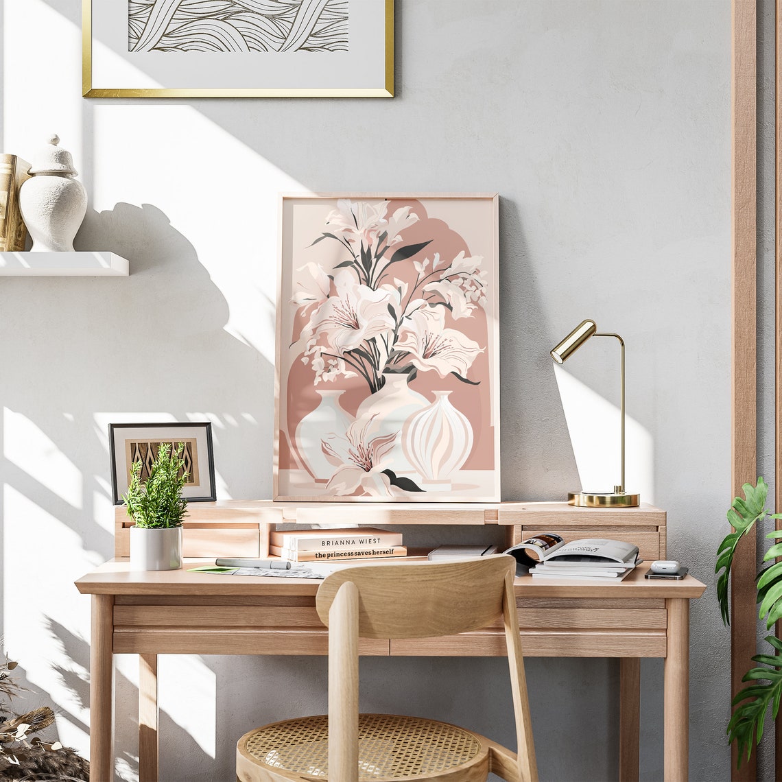 Blush Pink Lilies In White Vases Neutral Floral Illustration Poster - Image 3