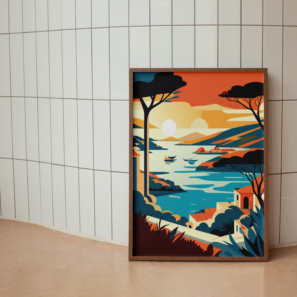 Summer Sunset Mediterranean Coastal Pines And Boats Illustration Poster - Image 2