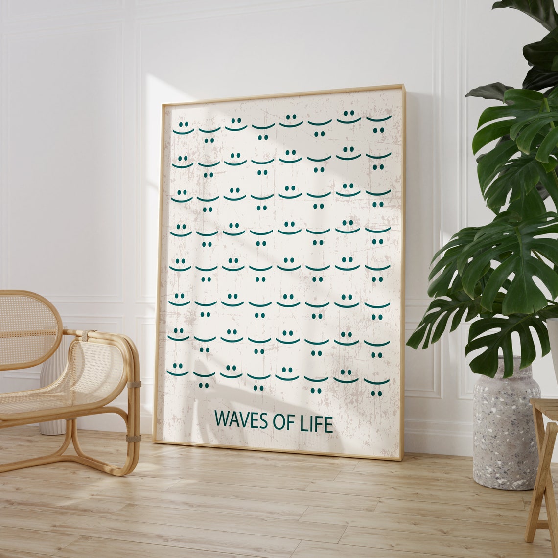 Waves Of Life Teal Smiley Faces Pattern Minimalist Positive Poster - Image 3