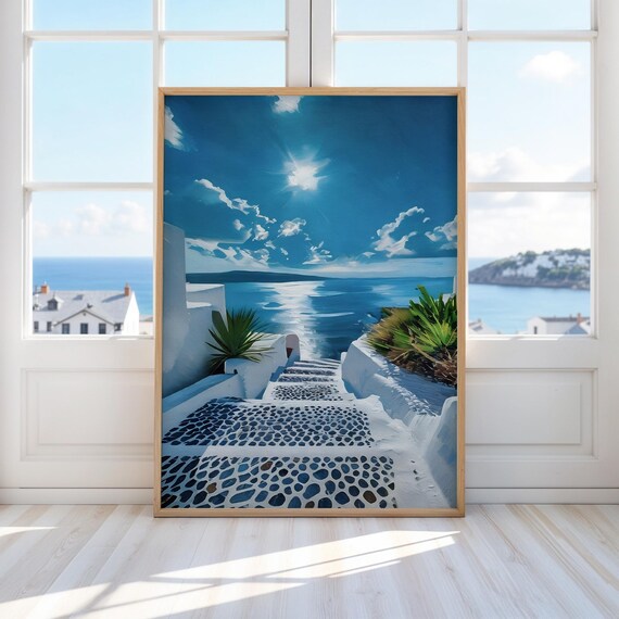 Santorini Greece White Steps Blue Aegean Sea Coastal Oil Painting Poster