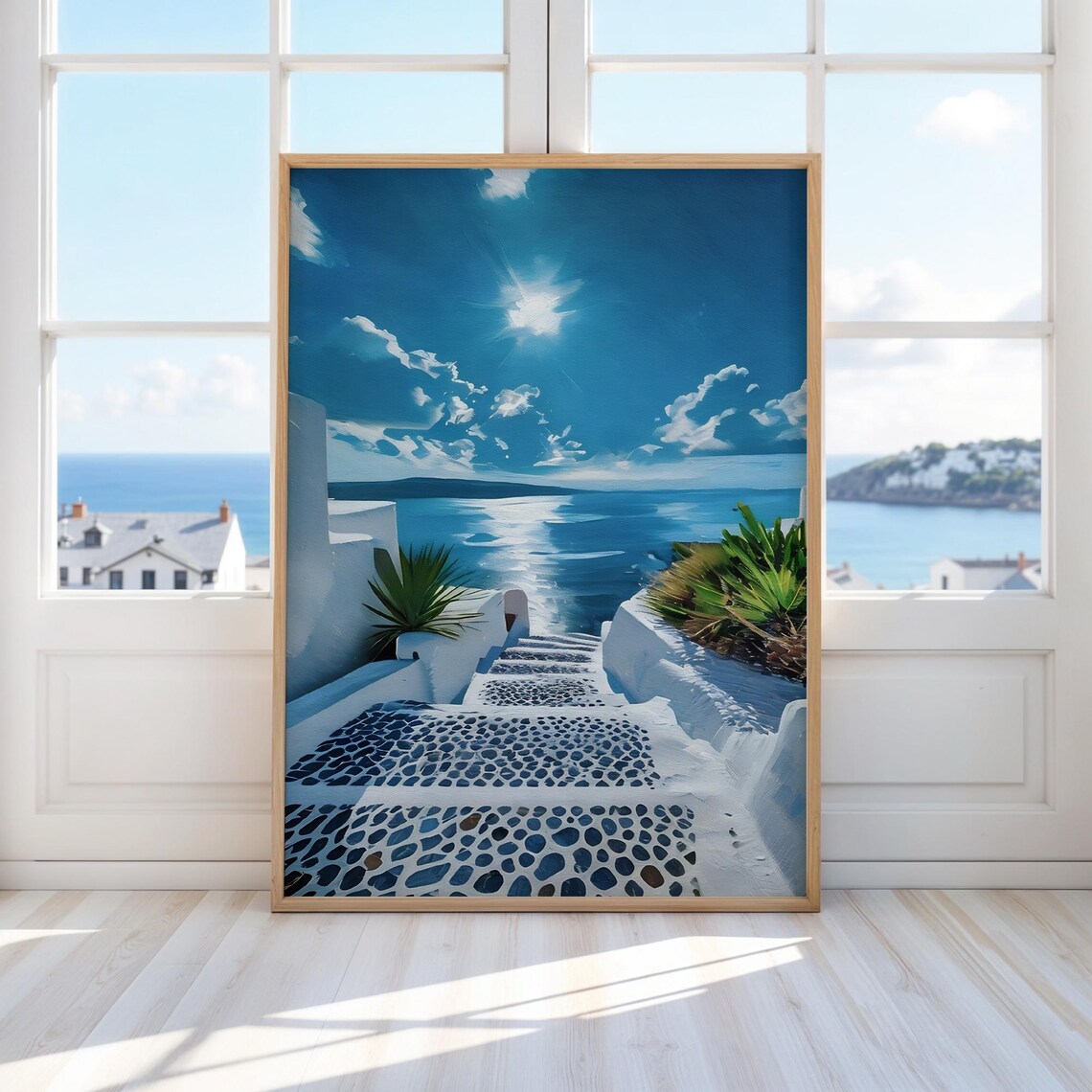 Santorini Greece White Steps Blue Aegean Sea Coastal Oil Painting Poster