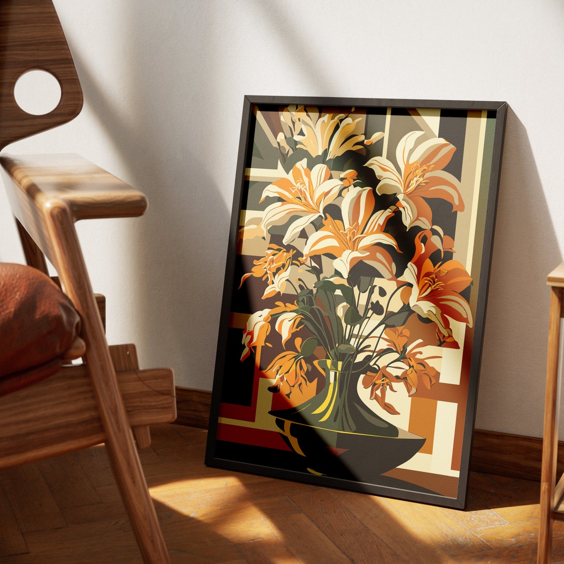 Golden Lilies In Dark Green Vase Art Deco Floral Illustration Poster - Image 4
