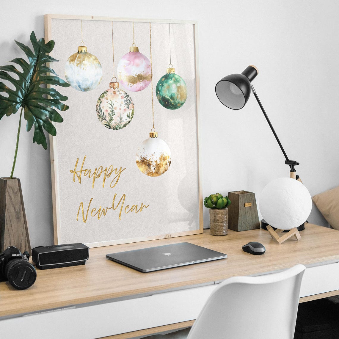 Happy New Year Pastel Ornaments Gold Script Holiday Wall Poster - Image 4
