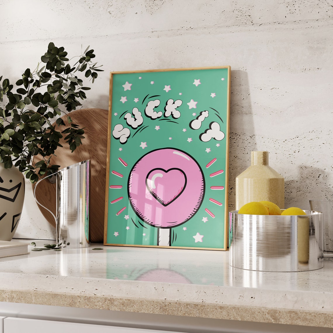 Suck It Pink Lollipop Heart Retro Green Bubble Letter Fun Poster