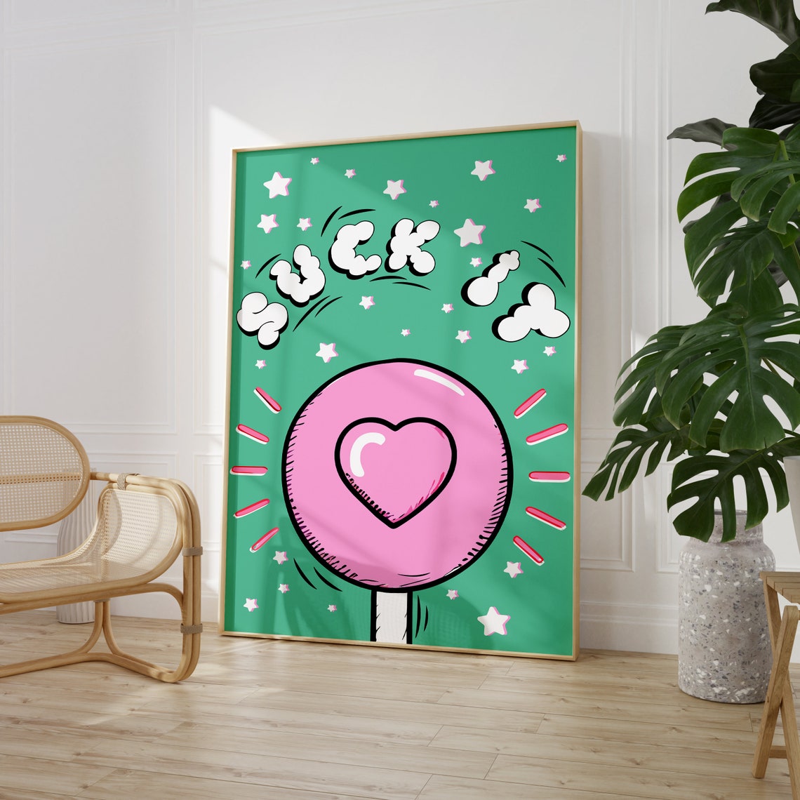 Suck It Pink Lollipop Heart Retro Green Bubble Letter Fun Poster - Image 4