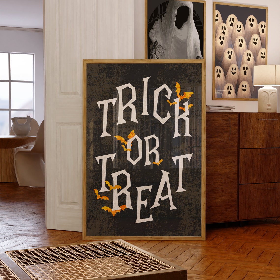 Trick Or Treat Spooky Bats Black White Vintage Halloween Quote Poster - Image 3