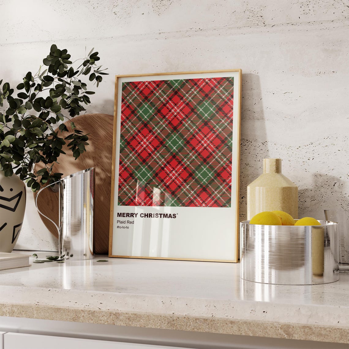 Red Plaid Pattern Merry Christmas Minimalist Holiday Wall Art