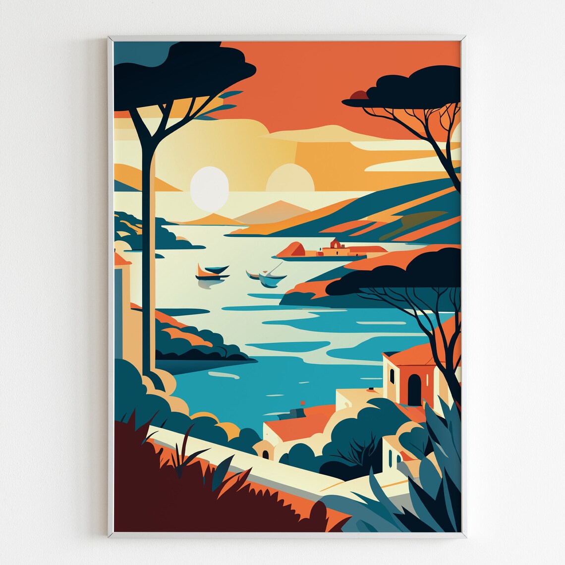 Summer Sunset Mediterranean Coastal Pines And Boats Illustration Poster