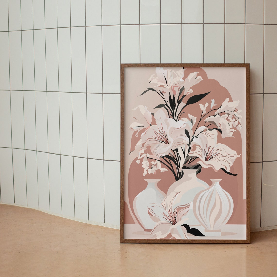 Blush Pink Lilies In White Vases Neutral Floral Illustration Poster - Image 2