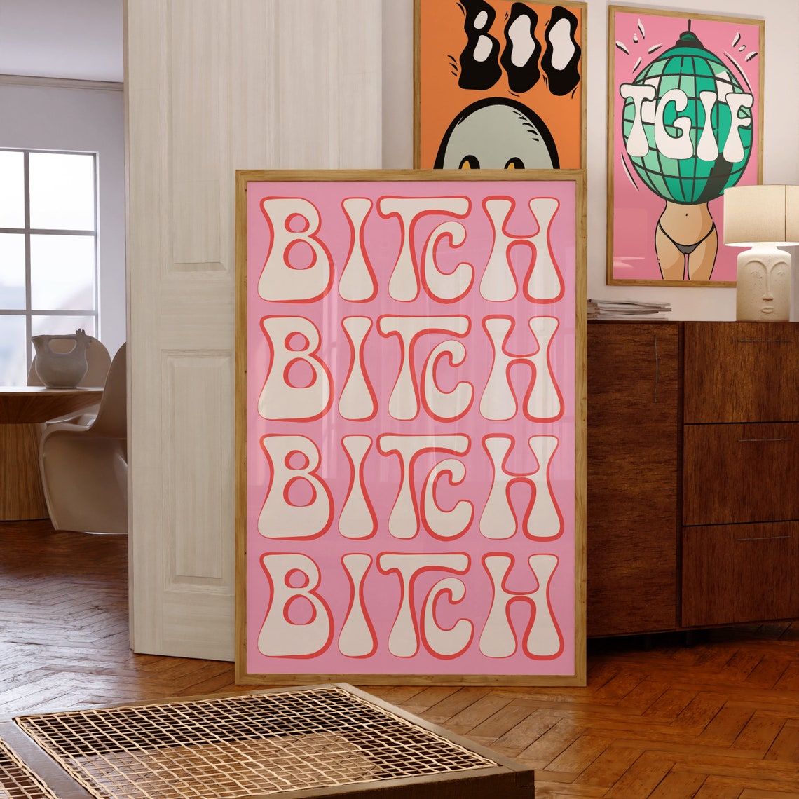 Bitch Repeated Retro Pink Groovy White Letter Typography Art Poster - Image 3