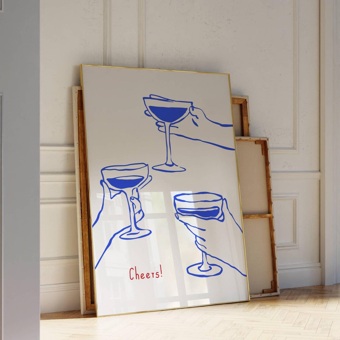 Cheers Fun Blue Line Art Cocktail Hands Minimalist Bar Cart Poster - Image 5