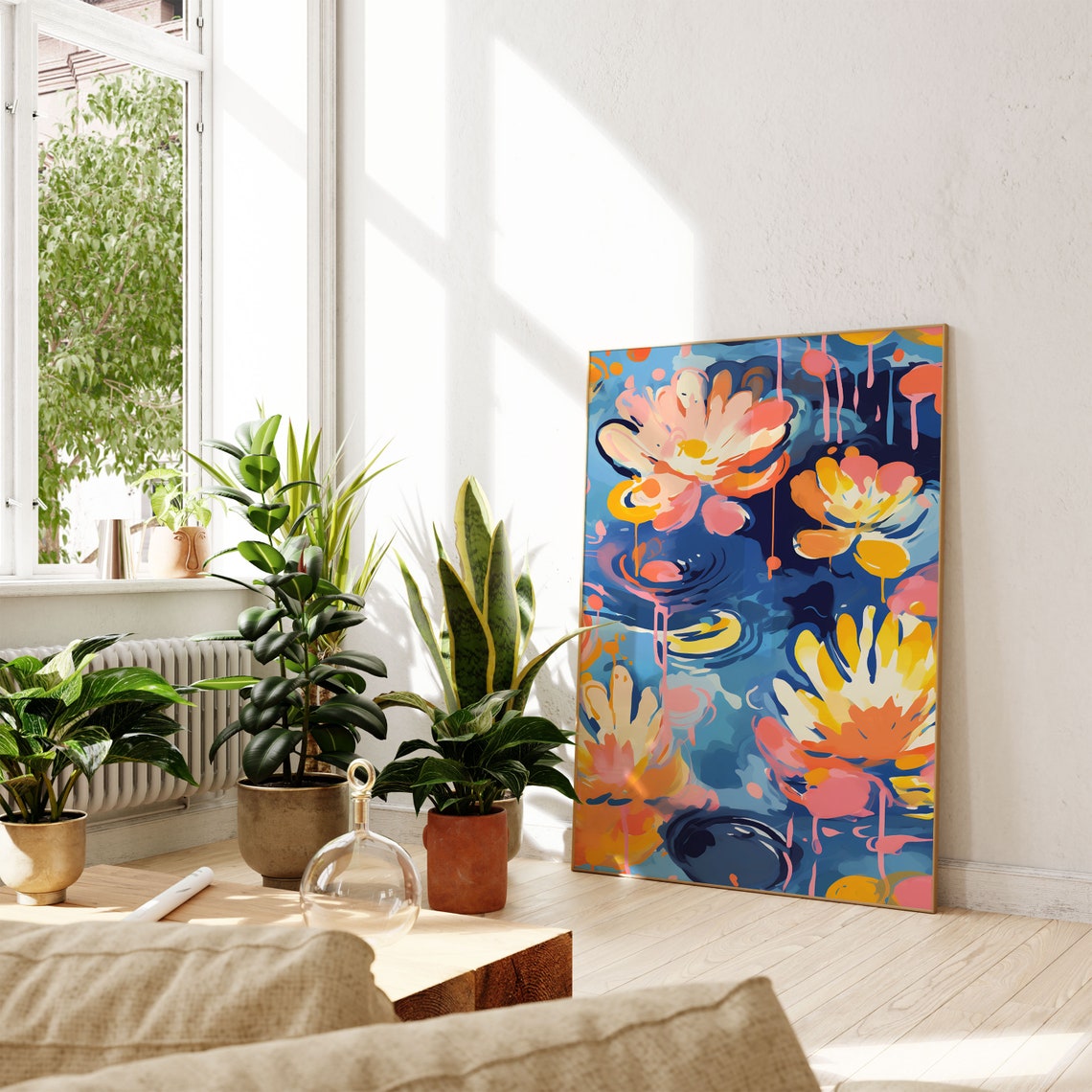 Abstract Water Lilies Colorful Floral Pond Blue Background Art - Image 4