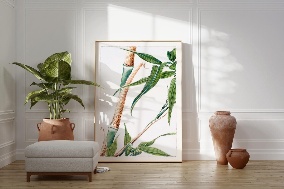 Japanese Bamboo Stalks Watercolor Green Leaves Minimalist Zen Wall Art - Image 2