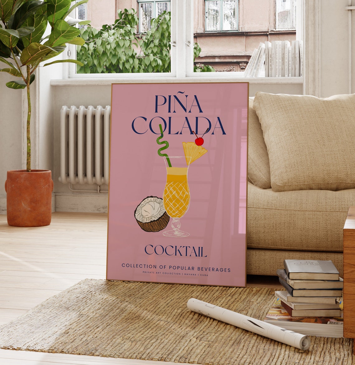 Pina Colada Pink Cocktail Illustration Tropical Bar Wall Art Poster - Image 4