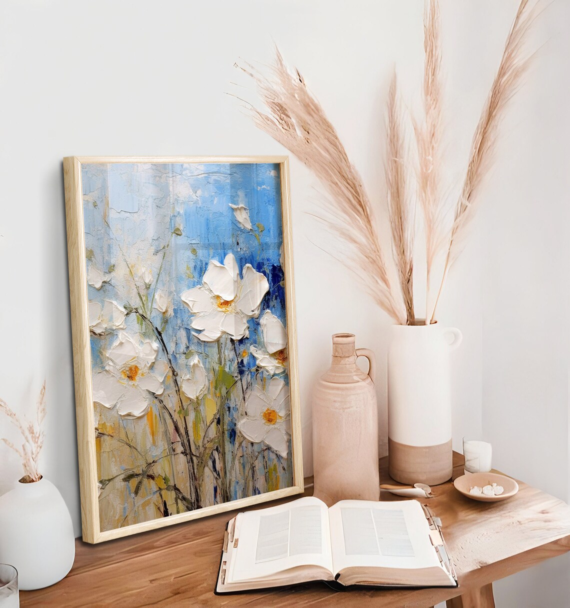 Blue and White Flower Vintage Painting Art Print - Image 2