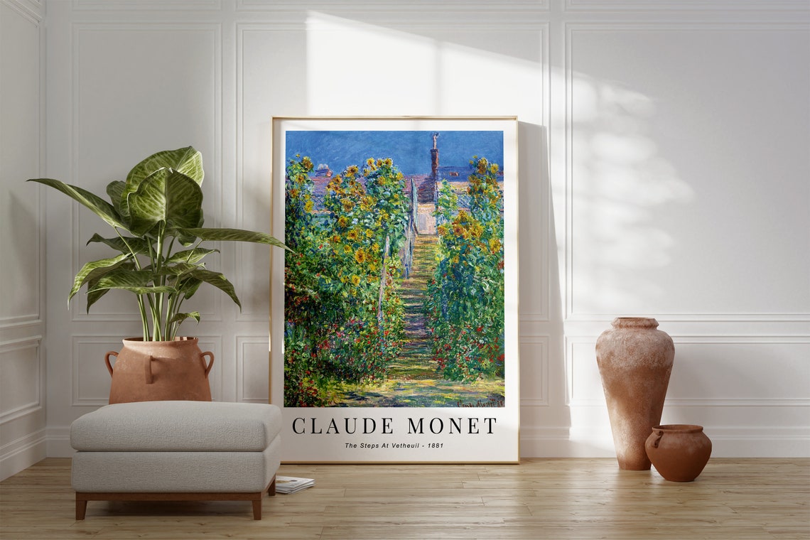Claude Monet The Steps At Vetheuil 1881 Sunflower Path Blue Sky Poster - Image 3