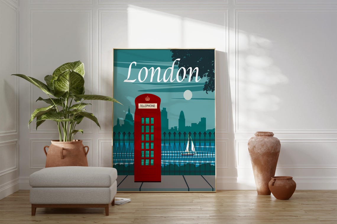 London Red Telephone Box Thames Skyline Vintage Style Travel Poster - Image 3