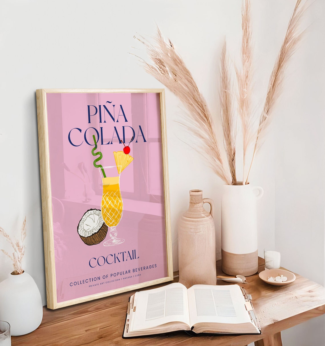 Pina Colada Pink Cocktail Illustration Tropical Bar Wall Art Poster - Image 2
