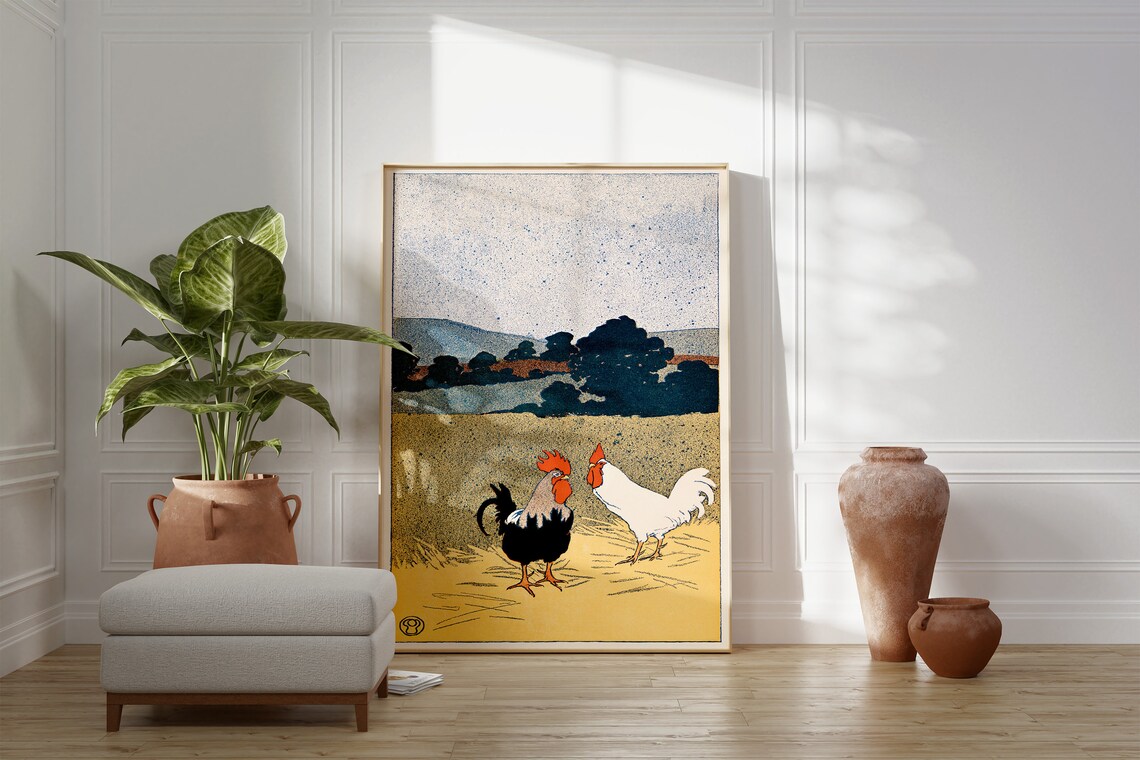 Vintage French Roosters Wheat Field Farm Life Countryside Print - Image 3