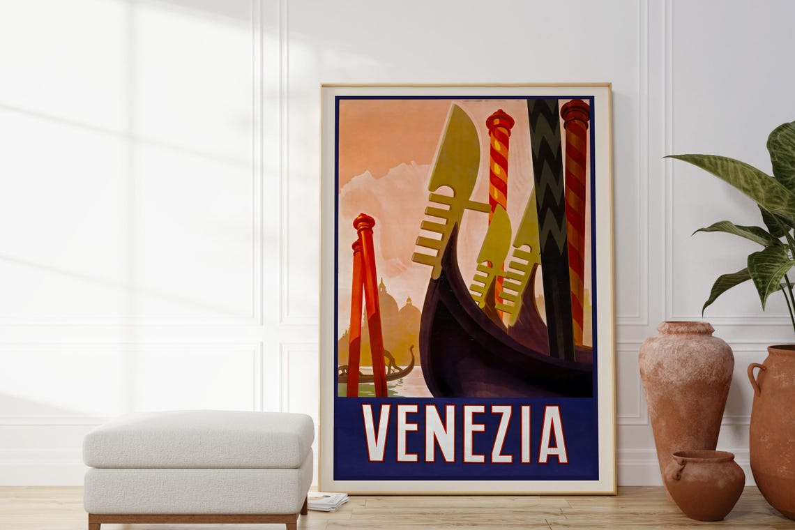 Venezia Italy Art Deco Gondola Prows Sunset Canal Vintage Poster - Image 4