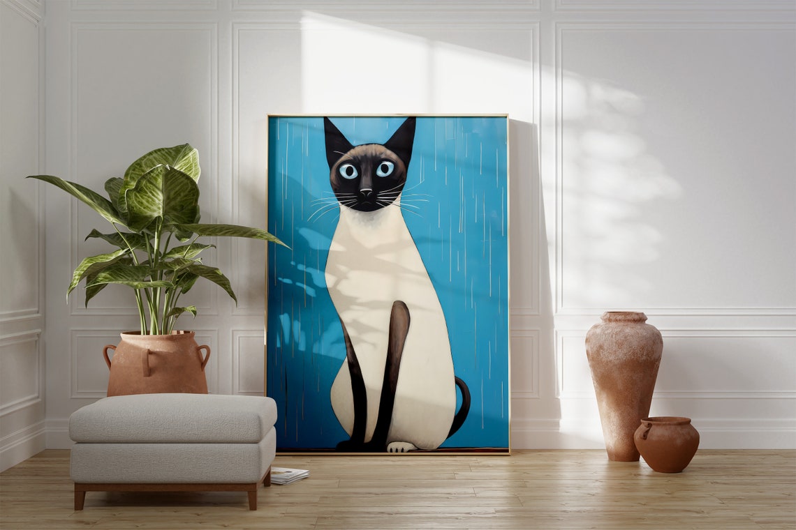 Siamese Cat Blue Eyed Pet Portrait Bright Blue Wall Art Print - Image 2