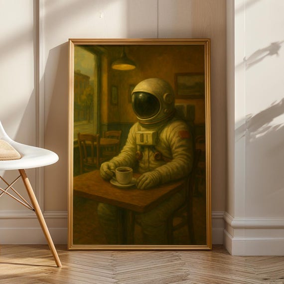 Astronaut Coffee Break Print Whimsical Scifi Cafe Poster