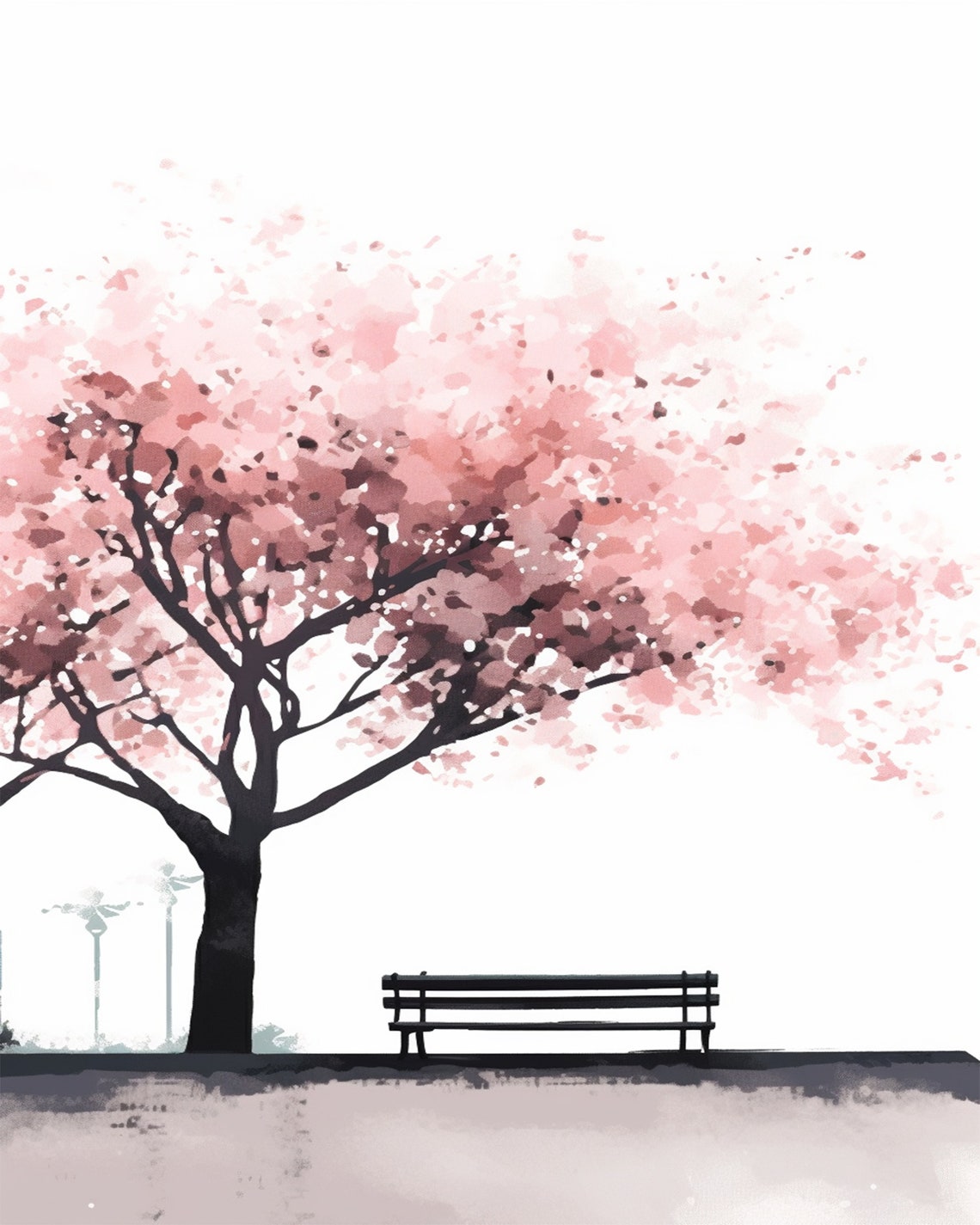 Minimalist Watercolor Cherry Tree With Park Bench Art Poster - Image 2