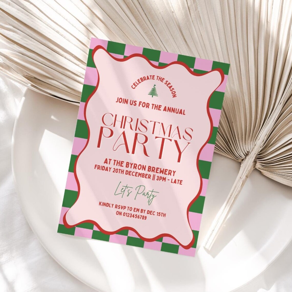 Wavy Border Christmas Party Invitation Card Pink Green Holiday Poster - Image 5