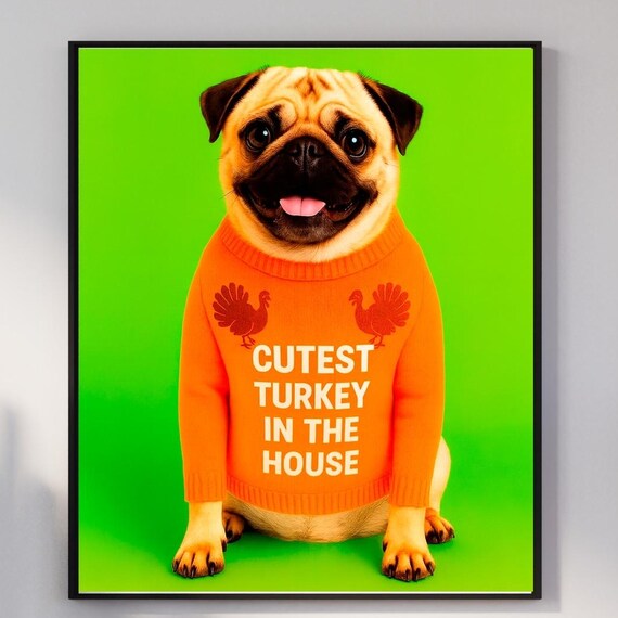 Cutest Turkey In The House Fawn Pug Art Funny Thanksgiving Wall Print Fall Dog Lover Gift Instant Home Holiday Decor