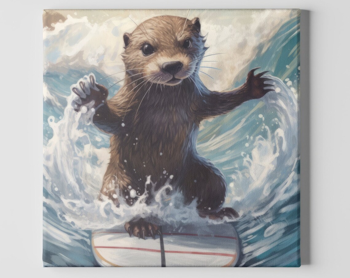 Otter Surfing Poster Print, Funny Tropical Animal Art