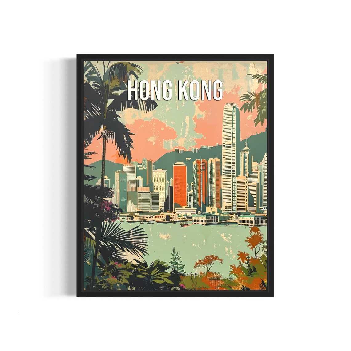 Hong Kong Bold Retro Skyline Harbor Palm Framed Travel Poster