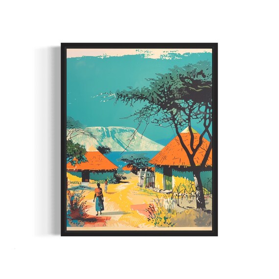 African Village Poster Art Print Vintage Retro Landmarks Painting Wall Art Decor